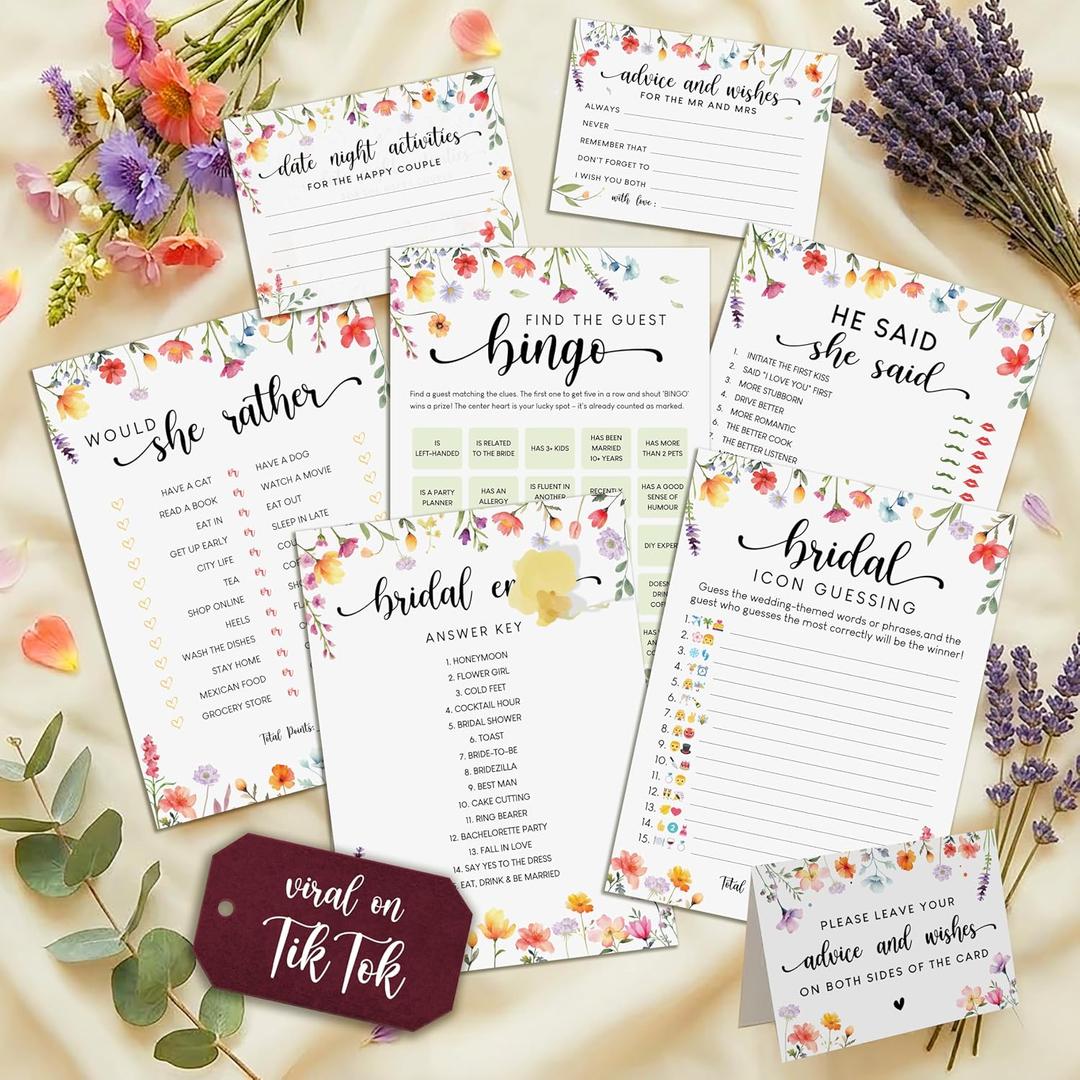 STOFINITY Wildflower Bridal Shower Games for Guests - Wedding Advice and Wishes for The Mr and Mrs, Find The Guest Bingo Bridal Shower Decorations, Funny He Said She Said Would You Rather Game Ideas