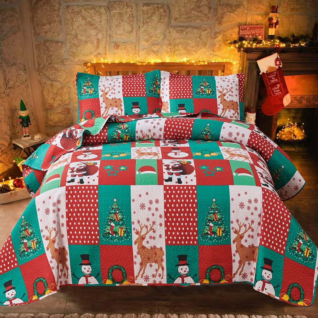Christmas Bedding Set King Size Quilt Bedspread - Rustic Plaid Patchwork Lodge Cabin Home Decor - Holiday Xmas Lightweight Reversible Coverlet (King(Quilt 108"*96"), Christmas Tree Snowman)