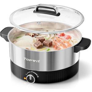 TOPWIT 4.5L Hot Pot Electric, Stainless Steel Electric Pot with Dual Power Setting, 1200W Fast Heating Electric Hot Pot for Cooking Hotpot, Soup, Pasta, Perfect for Family Dinner & Party, Black