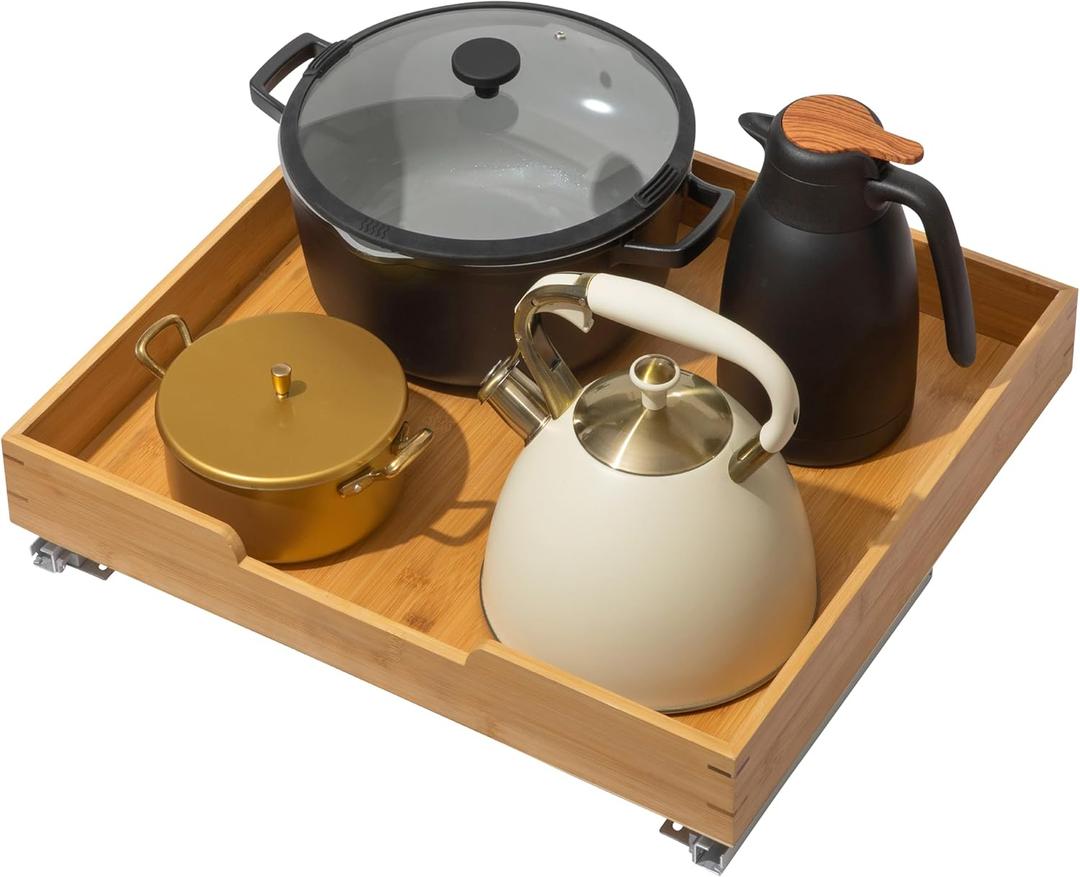 HOLDN STORAGE Bamboo Wooden Pull out Cabinet Organizer 20" W x 21" D - Requires At Least a 21.25" W x 21" D. Cabinet Opening. Bamboo Tray and Heavy gauge metal rails.