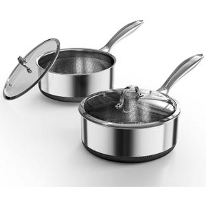 Sauce pan with Lid, KURRUNGIE 1.5 & 2.8 QT Hybrid Stainless Steel Cookware Set, PFOA Free 5-Ply Cooking Pots with Lids, Stainless Steel Pans for Cooking, Induction Cookware Oven and Dishwasher Safe (4 Quarts)