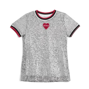 Kids' Big Girls All-over Sequin Short Sleeve T-shirt In Silver, Size 12