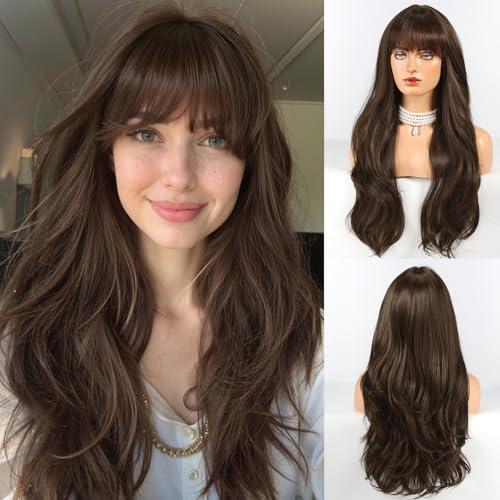 HAIRCUBE Long Dark Brown Wig with Bangs Layered Curly Wigs for Women Natural Synthetic Wigs for Daily Use (pelucas de cabello natural), Dark Brown