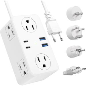 European Travel Plug Adapter, EU/UK/US Travel Plug Adapter Power Strip, 6 AC Outlets, 4 USB Ports (2 USB C), 3ft Wrapped Around Extension Cord, Universal Travel Adapter (white)