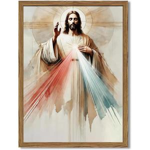 Framed Sacred Heart of Jesus Wall Art, Christ Divine Mercy Picture Wall Decor Paintings, Christian Canvas Prints Religious Home Decor for Living Room Dining Room Bedroom Prayer Room Church 16x24 inch