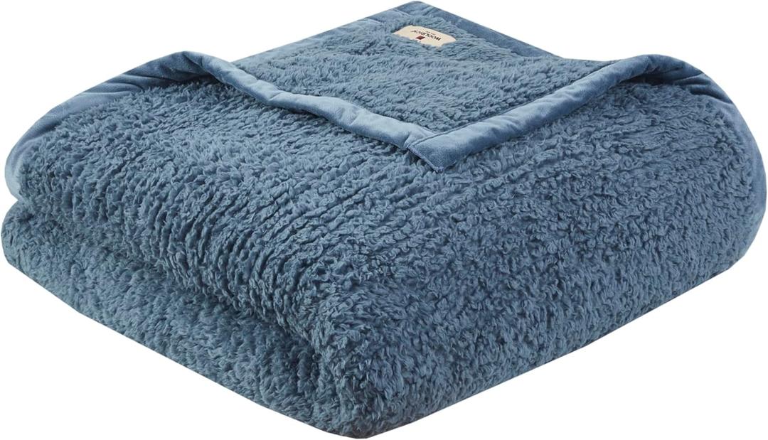 Woolrich Burlington Berber Blanket Super Soft, Cozy Lightweight Cover with Luxurious Velvet Binding, Modern Trendy All Season Bedspread Bedding-Set, Full/Queen: 90x90, Blue