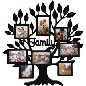 Family Tree Photo Collage Frame for Living Room, 26 x 27 Inch Rustic Family Tree Picture Frame Wall Decor for Home, Farmhouse Photo Frames Multiple Pictures, Family Tree Wall Art for Living Room (Black)
