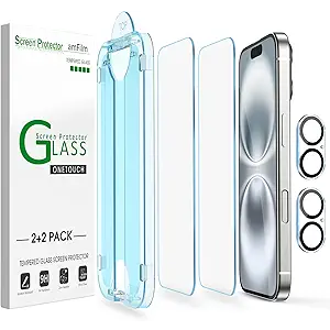 amFilm AutoAlignment OneTouch for iPhone 16 [6.1''] Screen Protector + Camera Lens Protector, Tempered Glass, 30 seconds Installation, Bubble Free, Case Friendly, AntiScratch [2+2 Pack]