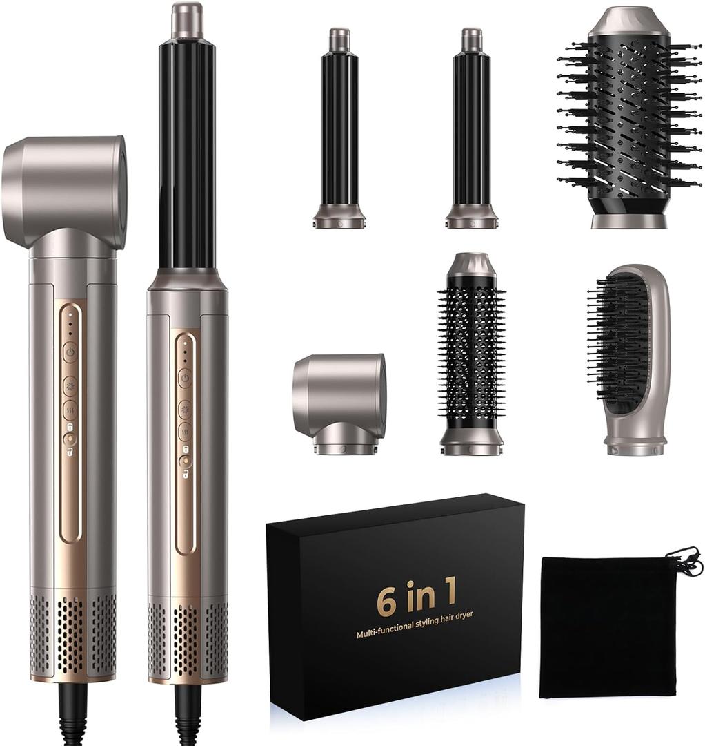 Hair Dryer Brush,Blow Dryer Brush with Attachments,110000 RPM Curly Twist 6 in 1 Air Style, Professional Ionic Hair Styling Tool, Left & Right Air Curler, Volumizer (Gray Silver)