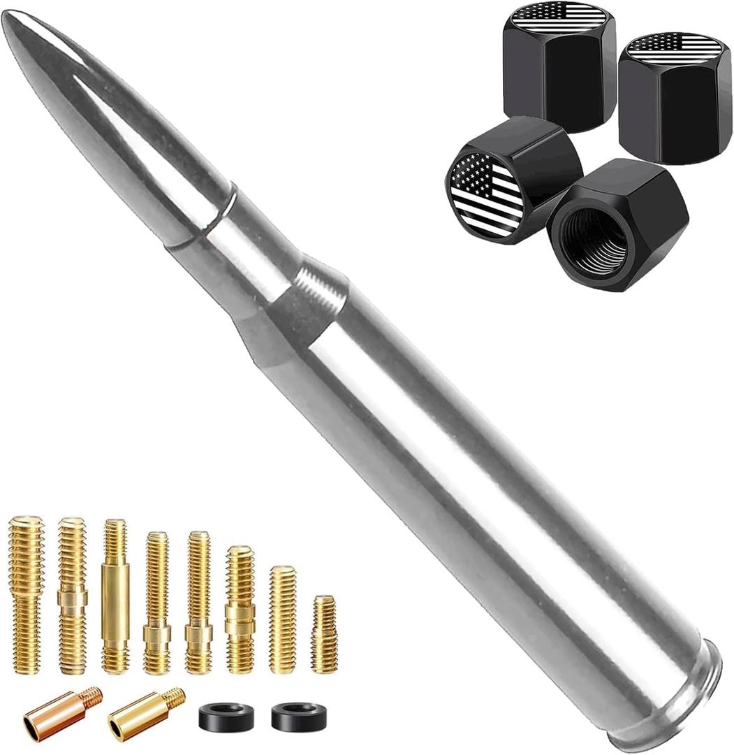 Truck Car Bullet Antenna with Valve Stem Caps Mast for GM Chevy Silverado 1500 2500 3500 HD Ford F150 F250 F350 Denali Heavy Pickup Jeep Truck Accessories (Chrome)-Car wash Safe