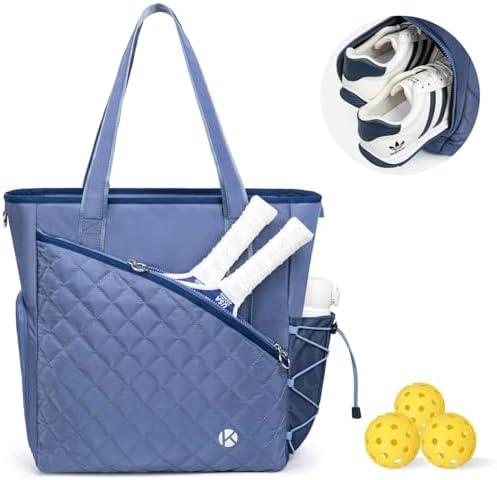 Pickleball Tote Bag for Women with Fence Hook, Quilted Pickleball Bag Holds 3-4 Paddles with Shoe Compartment & Wet Pocket