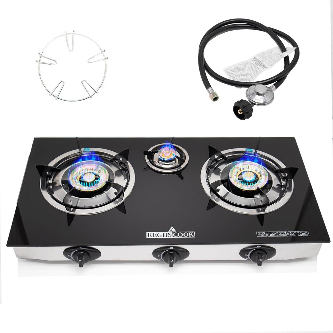 3 Burner Propane Gas Cooktop,Camping Portable LPG Gas Stove, Auto Ignition Tempered Glass Countertop regulator burner grate