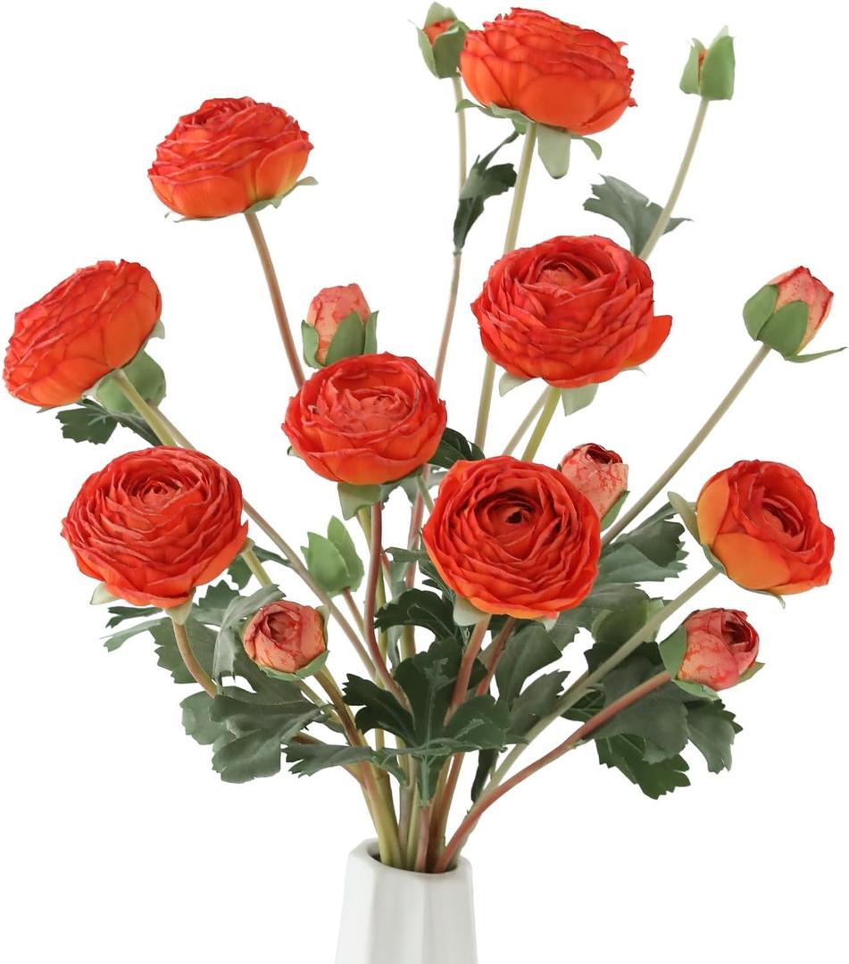 6Pcs Realistic Orange Silk Ranunculus Artificial Flowers Long Stems, 23.6" Tall Fake Flowers Faux Flowers Suit for Year-Round Home Decoration, Wedding, Bridal Bouquets, Office