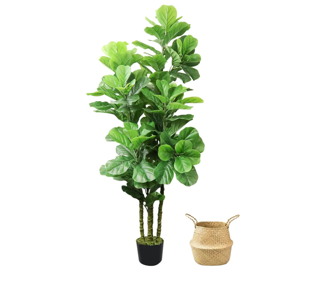 ROOMTEC Artificial Fiddle Leaf Fig Tree,6 FT Tall Artificial Tree with Woven Seagrass Plant Basket Fake Floor Plant in Pot for Home Decor Living Room Indoor Outdoor Office Bedroom Decor