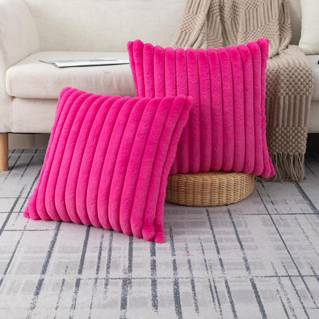 ZLINA Set of 2 Hot Pink Faux Fur Decorative Throw Pillow Covers Fluffy Striped Pillowcase Cushion Covers 16 x 16 Inch Decor Sofa Couch Bedroom