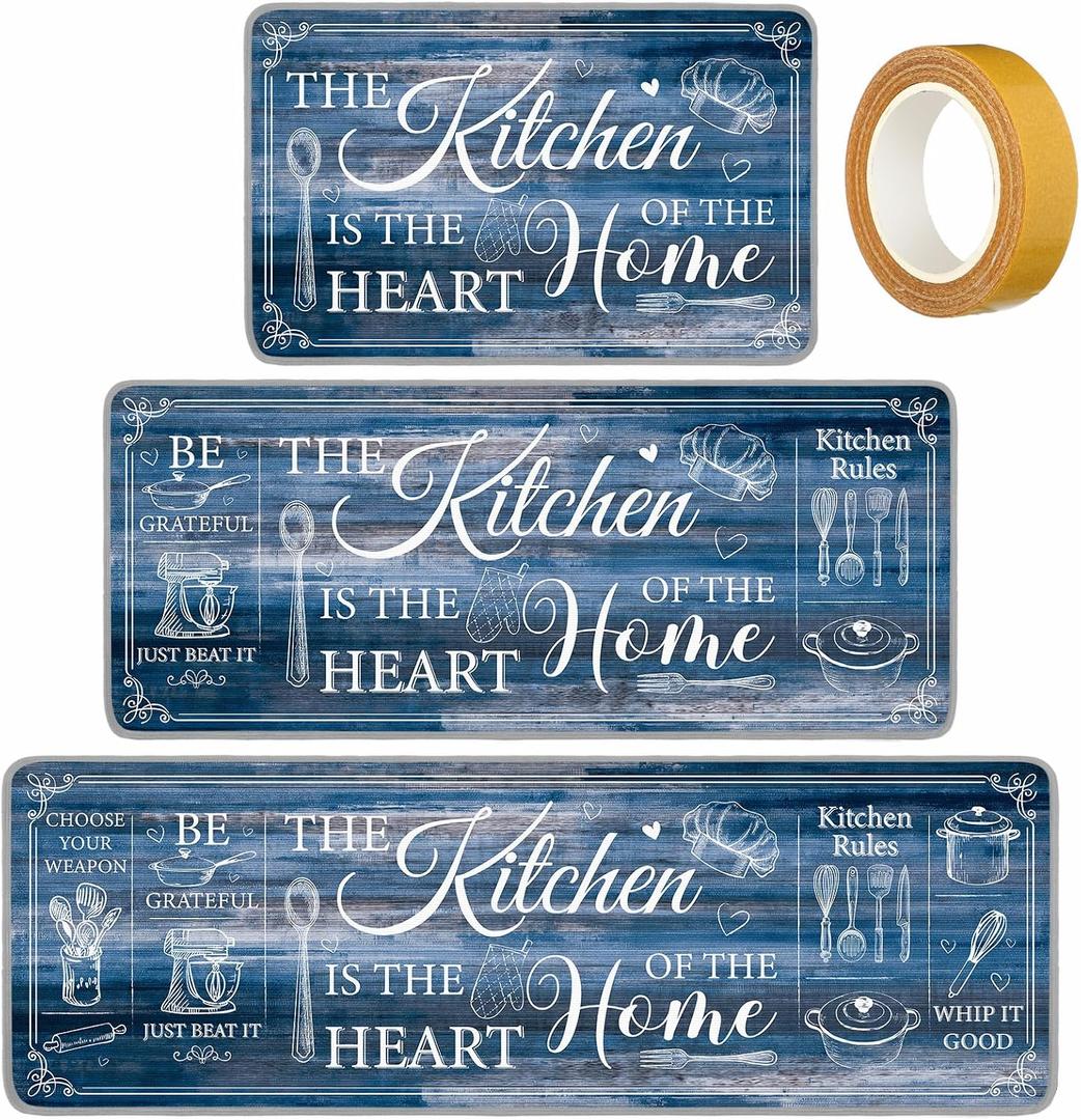 Bencailor 3 Pieces Kitchen Rugs Set Non Slip Washable Kitchen Mats Farmhouse Welcome Door Mat Floor Rugs Absorbent for Home Laundry Living Room and Hallway,3 Sizes(Blue), one size