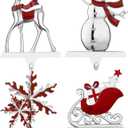 Set of 4 Christmas Stocking Holder for Mantel - Deer Sleigh Snowman Snowflake Christmas Stocking Holders for Fireplace- Stocking Hanger for Mantel Stocking Hooks for Christmas Decoration (Silver)