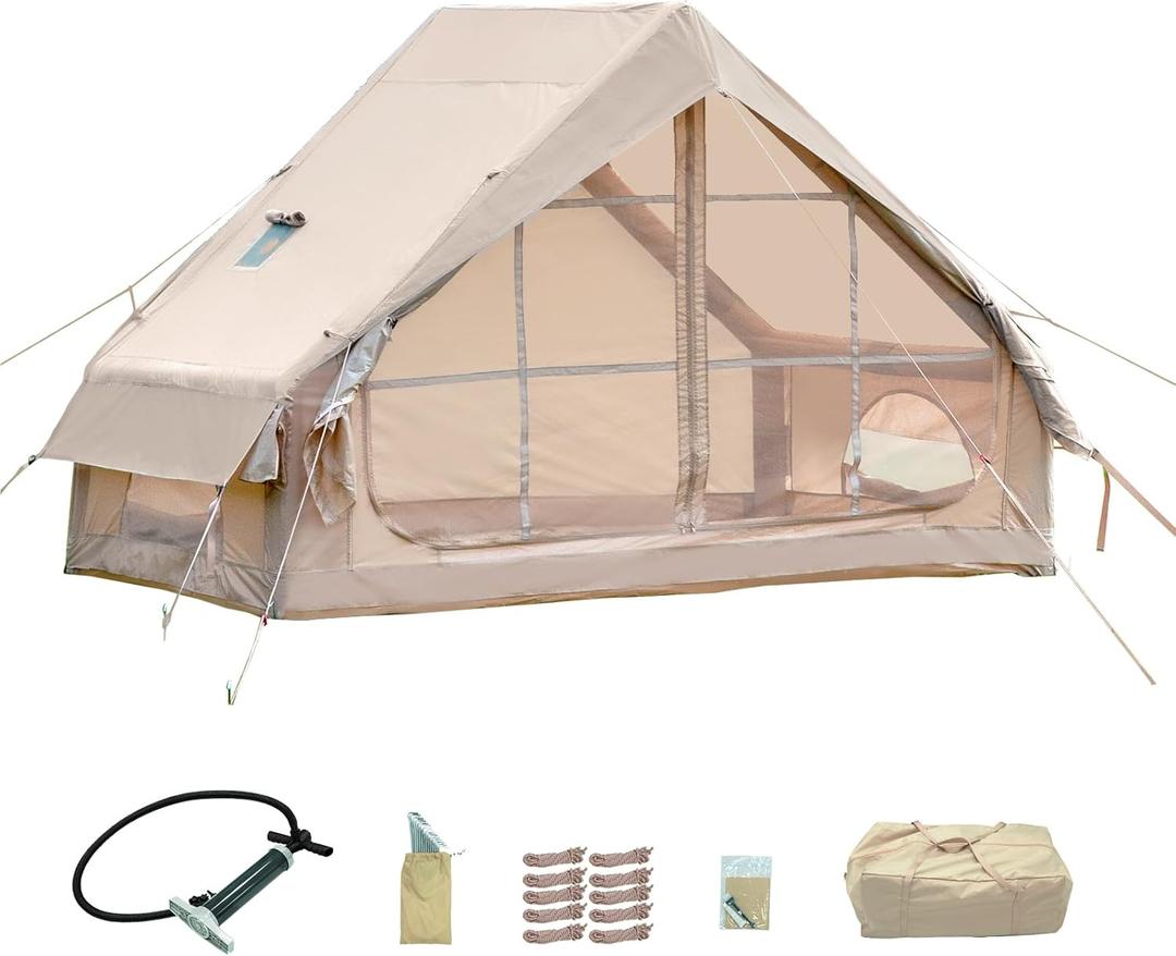 Inflatable Camping Tent with Hand Pump Waterproof Outdoor Blow up Tent 2-8 Person Oxford 4 Season Glamping Air Tent Cabin House with Mesh Windows & Door (9.74ft*6.46ft*6.56ft (3-4 person)(Beige))