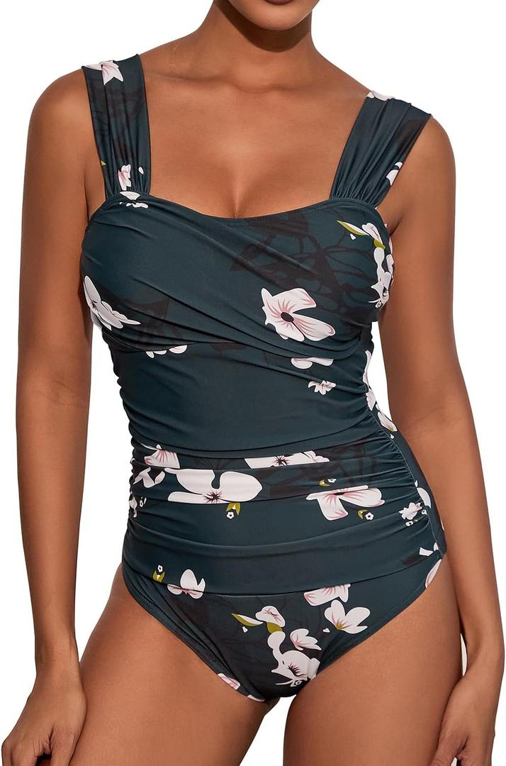 One Piece Bathing Suit for Women Tummy Control Swimsuits Square Neck Ruched Modest Swimwear (Large, Floral Green)