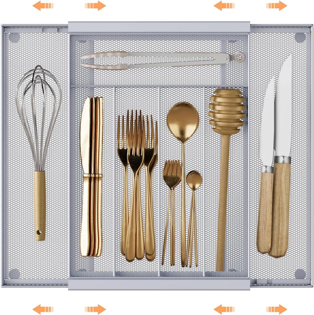 Sedegn Silverware Organizer Metal Mesh, Drawer Organizer, Utensil Cutlery Tray Expandable Flatware Organizer with 7 Compartment Silver 9.6"~16.1" x 13.8"