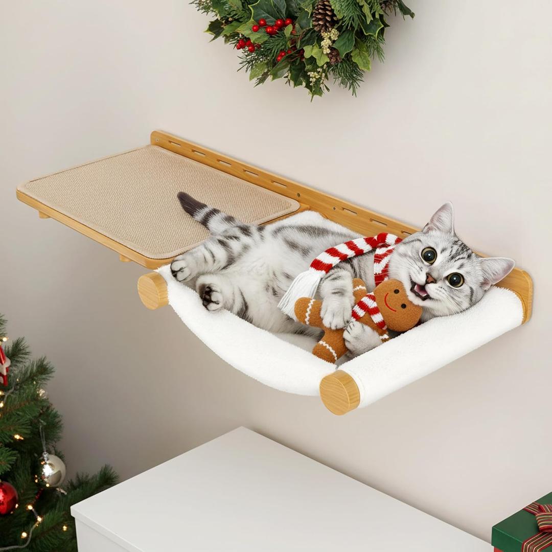 2-in-1 Cat Hammock & Shelf with 15 x 11" Wall Cat Scratcher - Durable Jute Scratching Pad for All Breeds (Solid Pinewood)