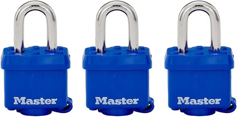 Master Lock 312TRI Laminated Padlock with Key & Thermoplastic Shell, Blue, Pack of 3 Keyed-Alike, 1-9/16-inch