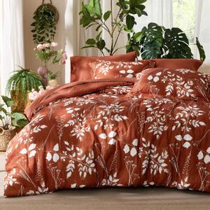 Bedsure Queen Comforter Set - 7 Pieces Floral Terracotta Soft Bedding Sets, Queen Bed in a Bag with Botanical Flowers Comforter, Sheets, Pillowcases & Shams