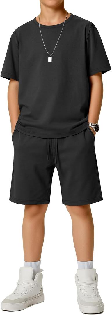 Boys' 2 Piece Outfits Set Summer Short Sleeve Crew Neck T shirts and Shorts Kids Casual Clothes 11-12 Years