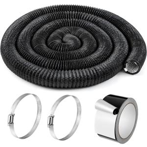 Zonon Dryer Vent Hose 4 Inch X 50 Feet Flexible Aluminum Foil Ducting Non Insulated with Stainless Steel Clamps and Aluminum Tape for Pipe, HVAC Heating Cooling Ventilation and Exhaust (Black)