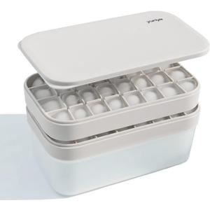 yuriya Ice Cube Tray Set with Lid & Bin, 2 Silicone Trays (32-Cube Each, 64 Total), Easy-Release, Stackable, Leak-Proof, Dishwasher Safe, Sand Beige