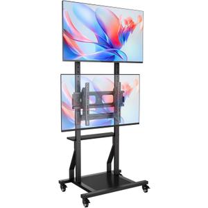 Rolling Dual TV Stand, Mobile TV Cart for Two 32-55 inch TVs with Storage and Lockable Wheels, Height Adjustable Portable TV Stand with Tilt Mount, Holds up to 132 lbs, Max VESA 600x400mm