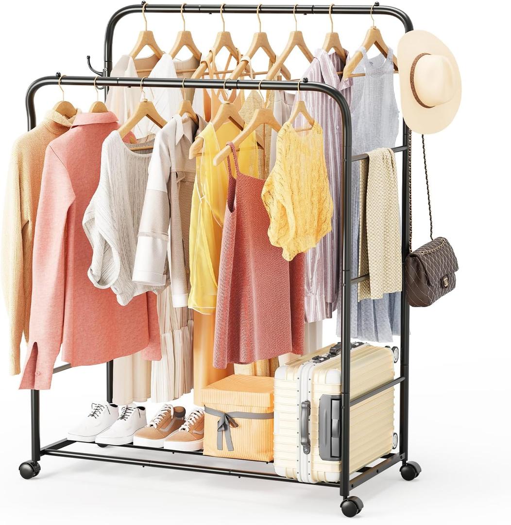 TigerParty Double Rods Clothes Rack for Hanging Clothes, Rolling Clothing Rack with Wheels, 6 Side Bars Freestanding Garment Racks for Bedroom Laundry Living Room