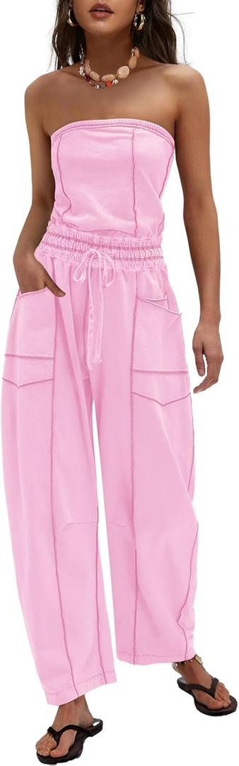 LAMISSCHE Womens Casual Strapless Jumpsuits off the Shoulder Summer Rompers Sleeveless One Piece Outfits with Pockets (Pink, L)