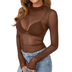 KIFOVEN Women’s Sheer Mesh Top Long Sleeve Mock Neck See Through Sexy Bodycon T Shirt Blouse Clubwear Caramel Medium