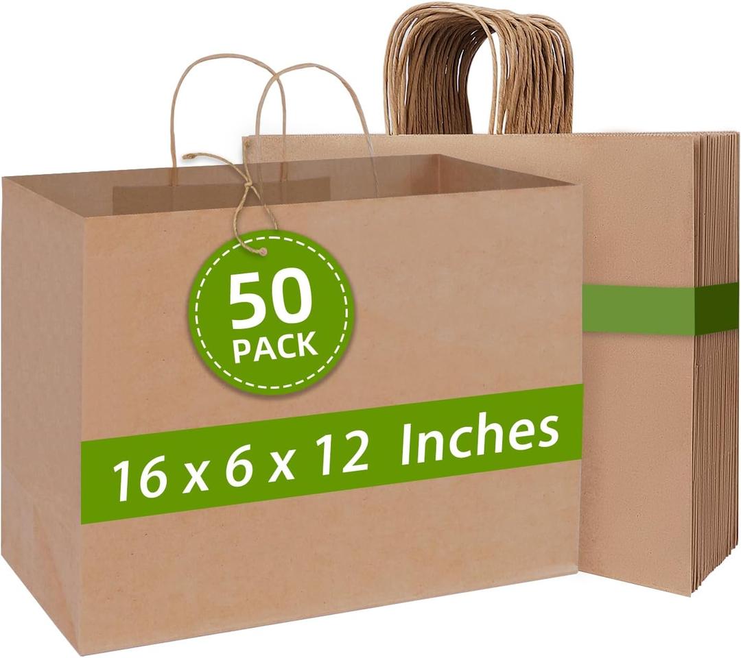 Johuivo Large Paper Bags with Handles, 50 Pcs Brown Shopping Paper Bags, Recyclable Kraft Paper Bag and Gift Bag Retail Bag for Small Business, Grocery, Party Favors, 16x6x12 Inches