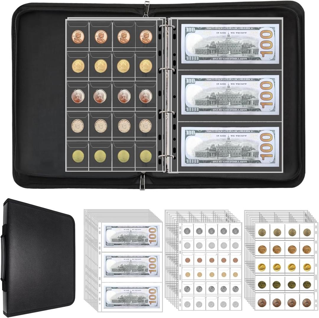 Coin Collection Supplies Holder for Collectors with Handle, Fireproof 400 Pockets Coin Collection Book & 36 Paper Money Organizer Binder for Coin Currency Collection Supplies,Pennies (Black)