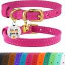 BRONZEDOG Leather Cat Collar with Removable Bells Non Breakaway Kitten QR Tag for Girl Boy (7" - 9" for Cats, Pink & Gold)