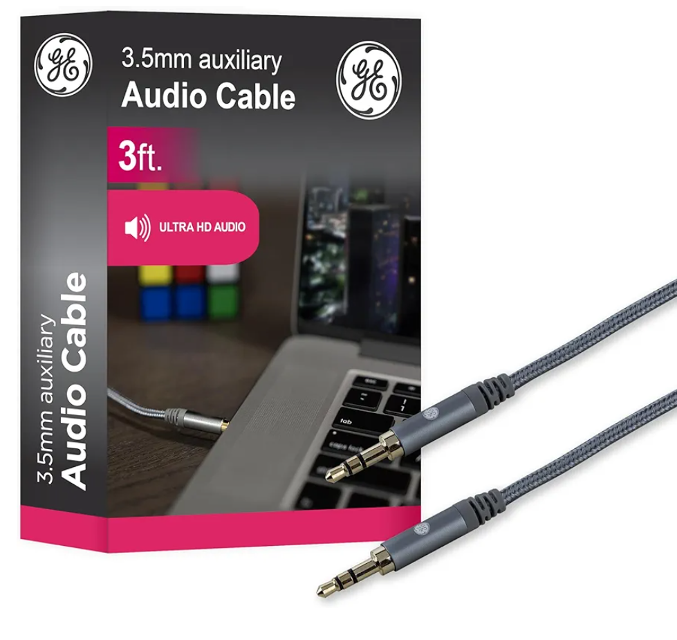 GE Home Electrical Pro 3.5mm Auxiliary Cable, 3ft Audio Cord, Premium Aux Cord for Car, Phone/Tablet, iPad, Home Stereo System and More, 33523