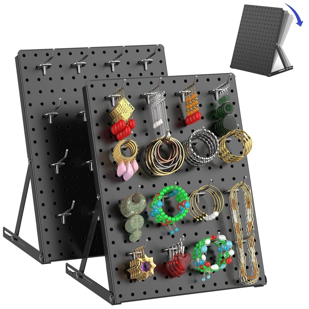 2 Pack Pegboard Display Stand, Sturdy Anti-tip Design,Small Peg Board Tabletop with 24 Hooks, Adjustable Metal Peg Board for Vendor Display, Craft Show, Jewelry Display 16''X12''  Black