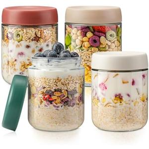 DIMBRAH Overnight Oats Containers with Lids,16oz Glass Jars with Lids - Set Of 4, Practical Oatmeal Container to Go, Chia Seed Pudding Jars, Baby Food Containers