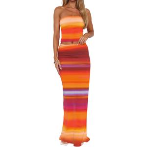 2 Piece Skirt Sets for Women Summer, Floral Sleeveless Tube Top Bodycon Maxi Skirts Y2k Vacation Going Out Outfits (Small, Gradient Orange)