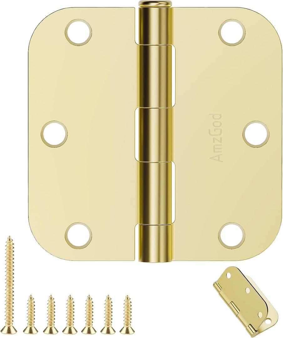 Door Hinges Polished Brass - 12 Pack Gold Door Hinges 3.5 Inch Rounded Interior Door Hinge with 5/8" Radius - 3 1/2 Inches Flat Iron Brass Hinges for Residential Standard Doors