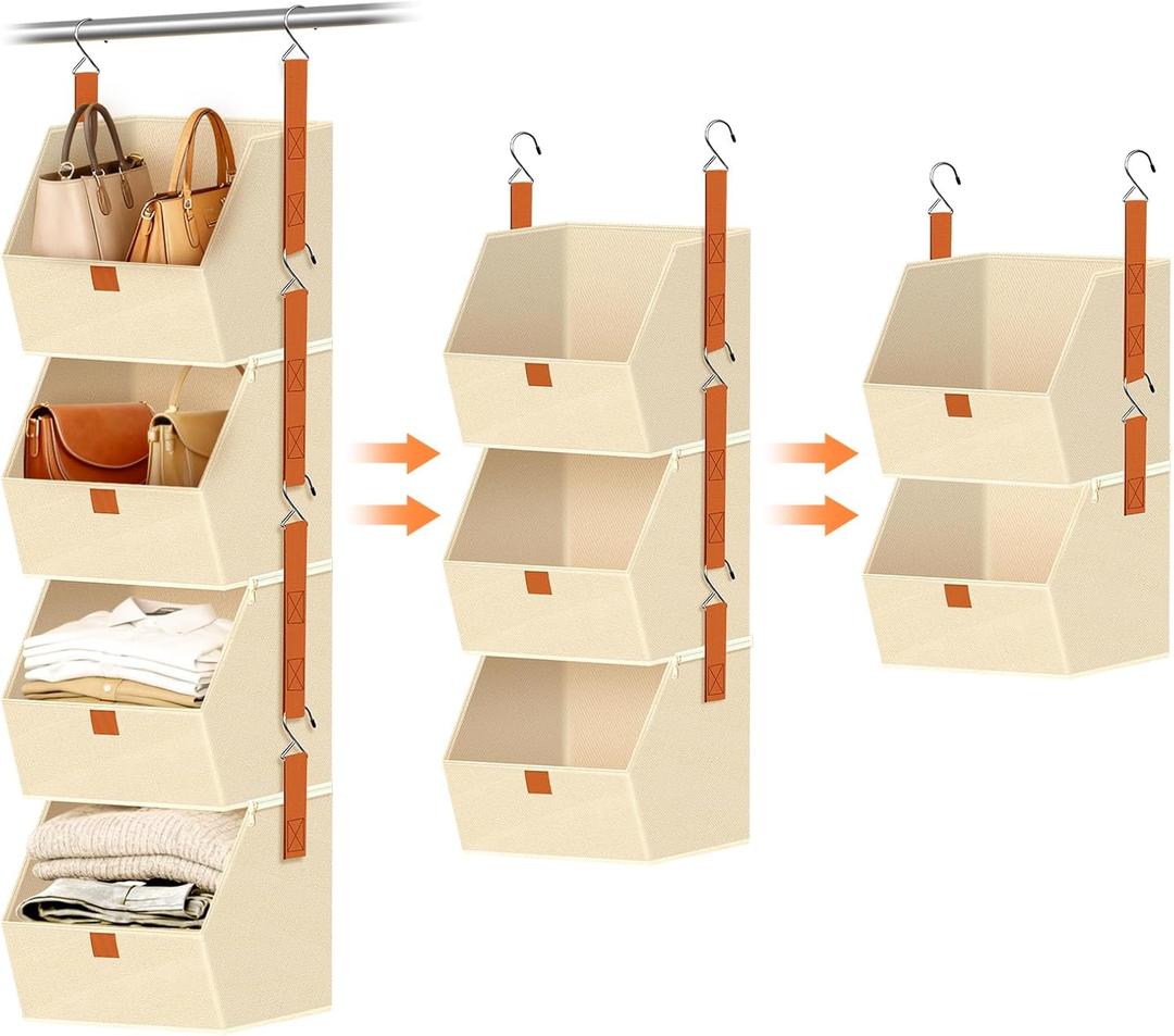 MSJGA 4Tier Hanging Closet Organizer and Storage with Detachable Bins, Fabric Hanging Shelves for Closet, Dorm, Rv, SpaceSaving Collapsible Basket for Handbags, Clothes (47” H)​