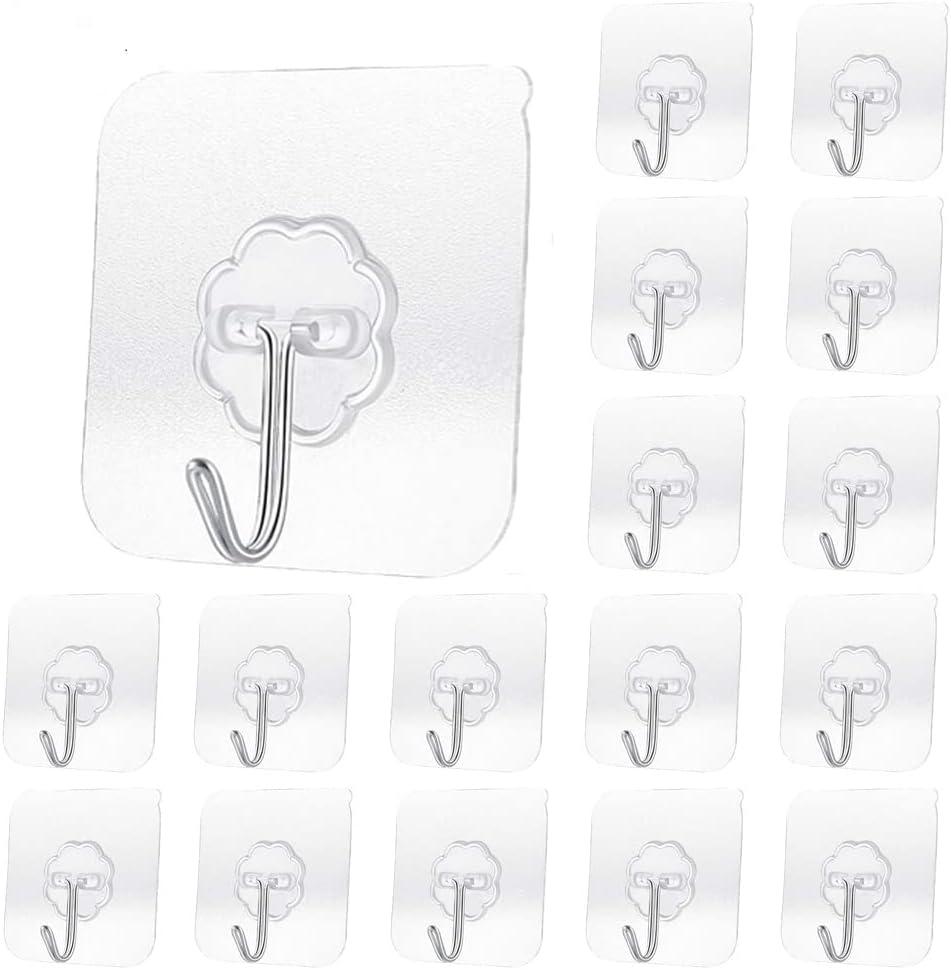 Alaya Glory 20 Pack Transparent Adhesive Hooks 30 lb(Max), Waterproof and Oil Proof Reusable Seamless Hooks, Heavy Duty Wall Hook for Kitchen, Bathroom, Office