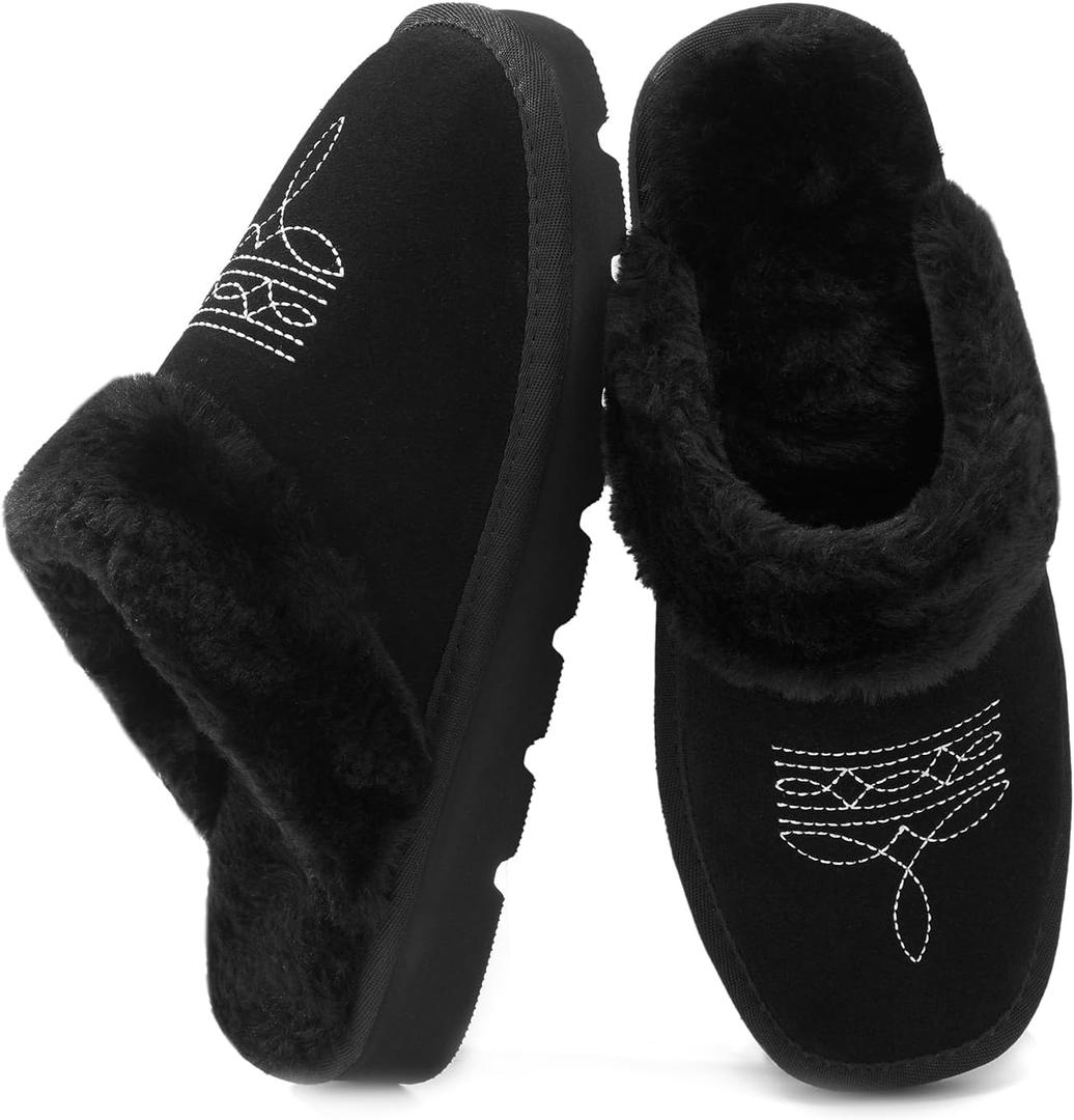 YOLIS Western Cowboy Boot Slippers, Fuzzy House Slippers for Women Memory Foam, Square Toe Cowgirl Slippers Suede Leather for Bedroom Indoor Outdoor