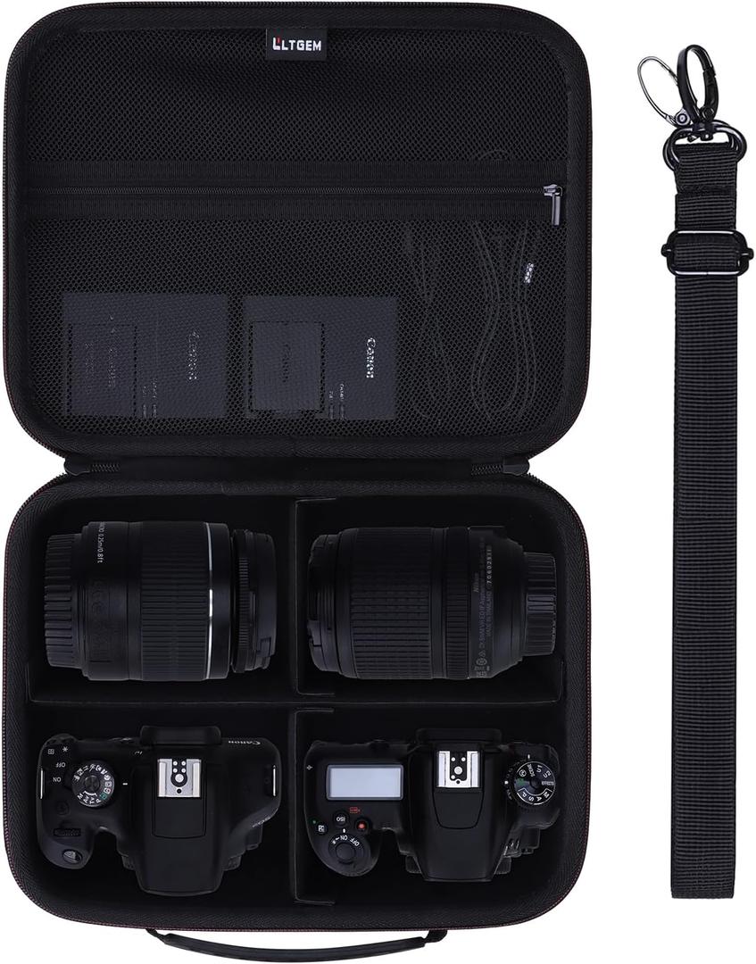 L LTGEM Medium Camera Case Bag Compatible with Canon/Sony/Nikon DSLR Mirrorless Camera and Multiple Lens, Hard Travel Carrying Case with 3 Dividers and Shoulder Strap, Black