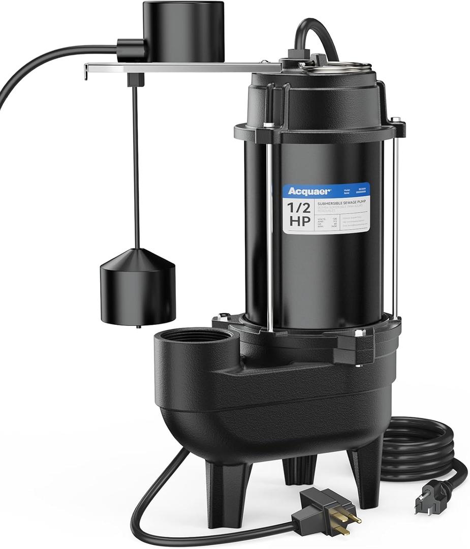 Acquaer 1/2HP Sump Pump Submersible, 6000 GPH Cast Iron Sewage Pump with Automatic Integrated Vertical Float Switch and Piggyback Plug, 2'' NPT Discharge Basements Pump for Sewers, Flood Zones