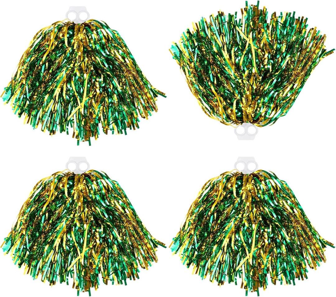 Thenshop 4 Pack Cheerleading Pom Poms Cheerleader Squad Spirited Fun Pompoms Cheer Hand Flowers Metallic Foil Pompoms for Adults Sports Meeting Team Spirit Cheering Party (Green and Gold)