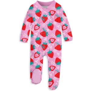 uideazone Baby Girls Footed Pajamas Zip-Front One-Piece Sleeper Non-Slip Footie Cute Pattern Jumpsuit PJs 0-12 Month (Pink Strawberry)