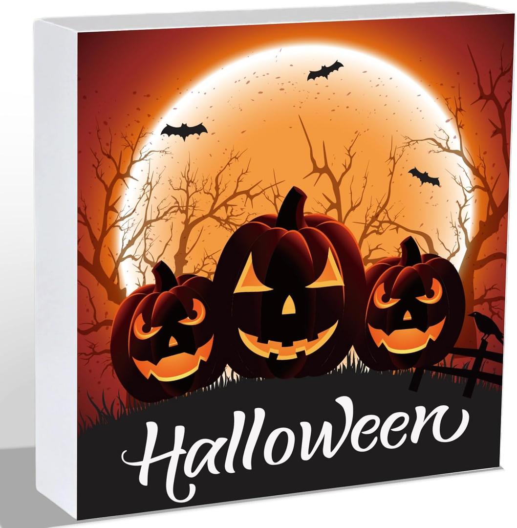 Halloween Decorations Indoor Home Room Pumpkins Table Sign Wood Box Rustic Wooden Shelf Desk Office Decor Season Sign House Warming Gifts 5.9 x 5.9 Inch